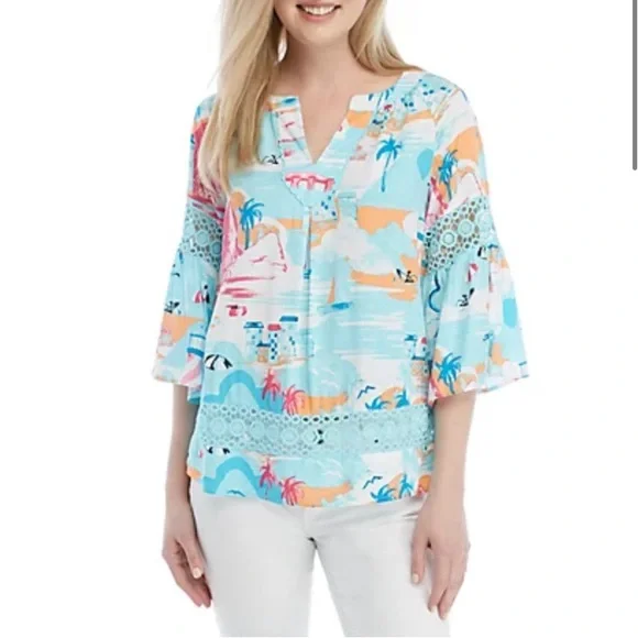 Crown & Ivy Belk Beach Print 3/4 Juliet Sleeves Crochet Inset Rayon Blouse XL - Picture 1 of 11